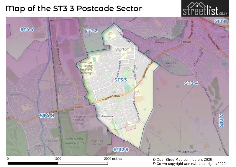 Map of the ST3 3 and surrounding postcode sector