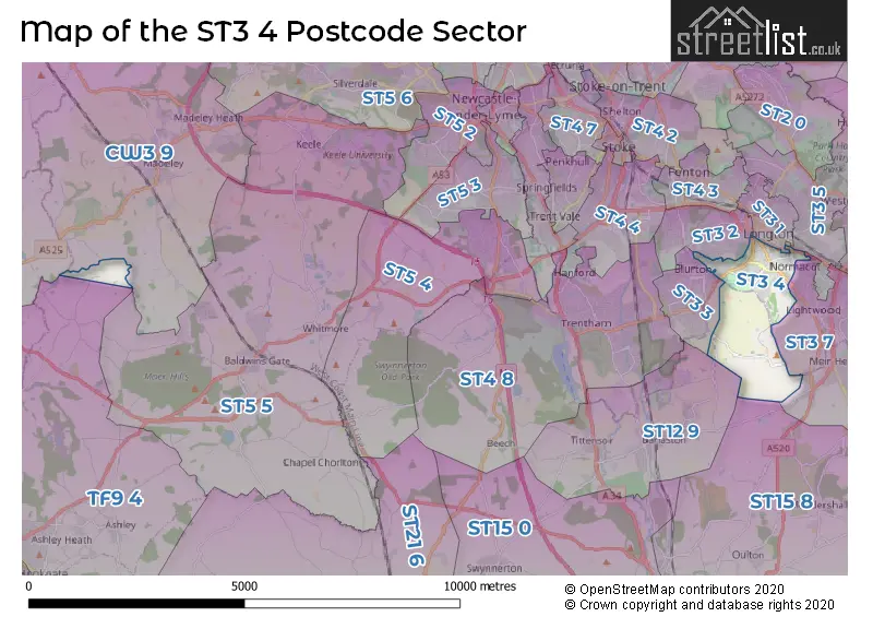 Map of the ST3 4 and surrounding postcode sector
