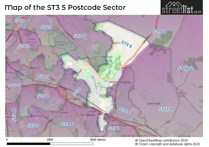Map of the ST3 5 and surrounding postcode sector