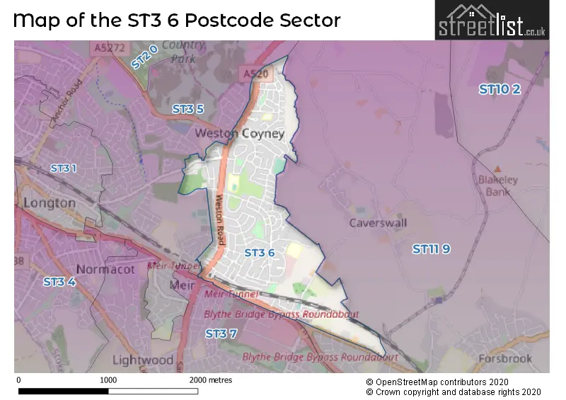 Map of the ST3 6 and surrounding postcode sector