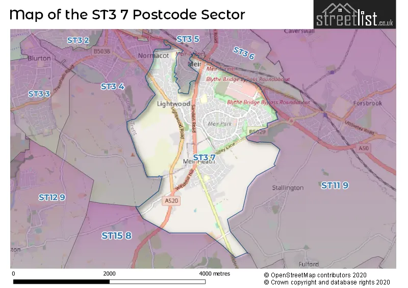 Map of the ST3 7 and surrounding postcode sector