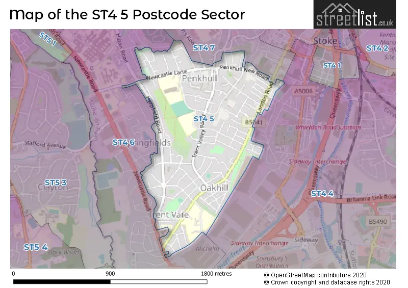 Map of the ST4 5 and surrounding postcode sector