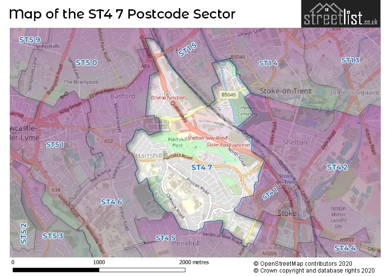 Map of the ST4 7 and surrounding postcode sector