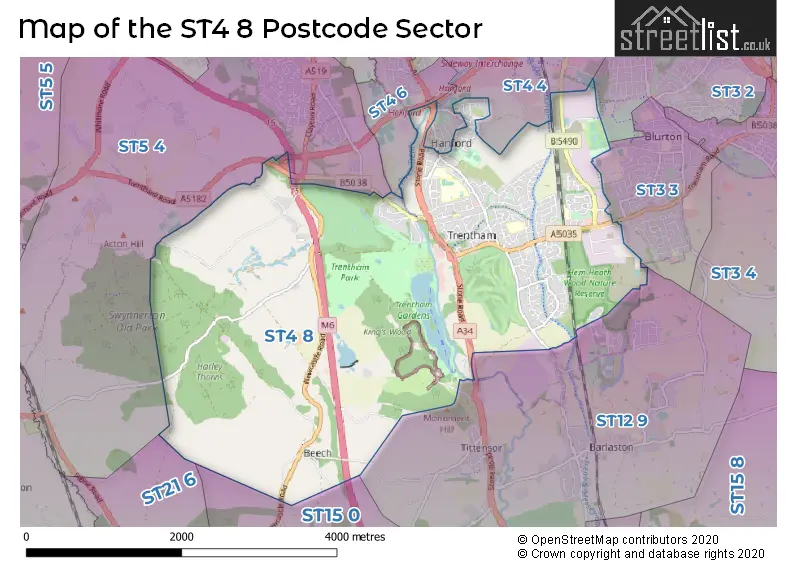 Map of the ST4 8 and surrounding postcode sector