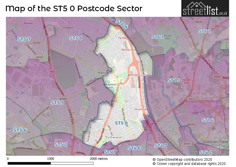 Map of the ST5 0 and surrounding postcode sector