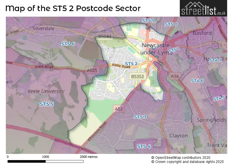 Map of the ST5 2 and surrounding postcode sector