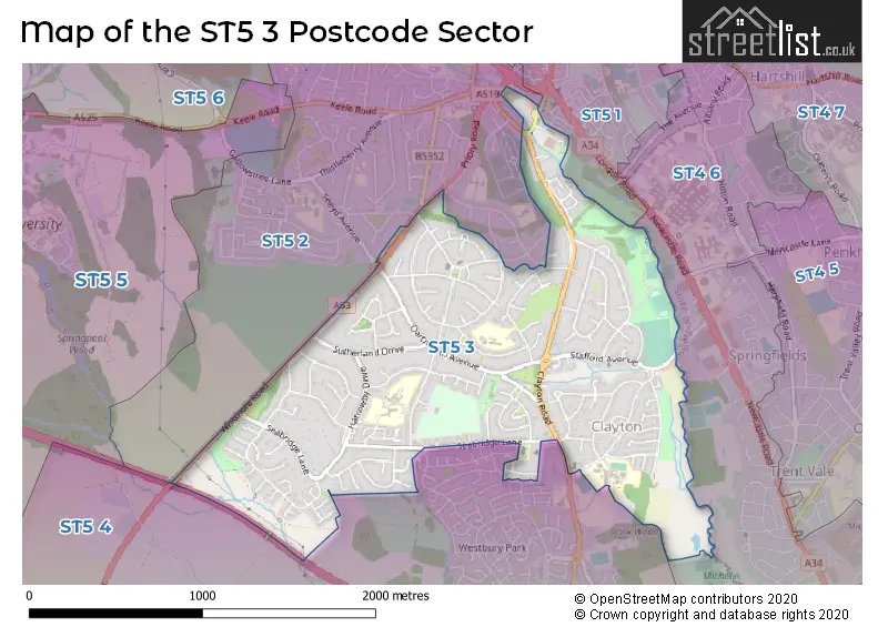 Map of the ST5 3 and surrounding postcode sector