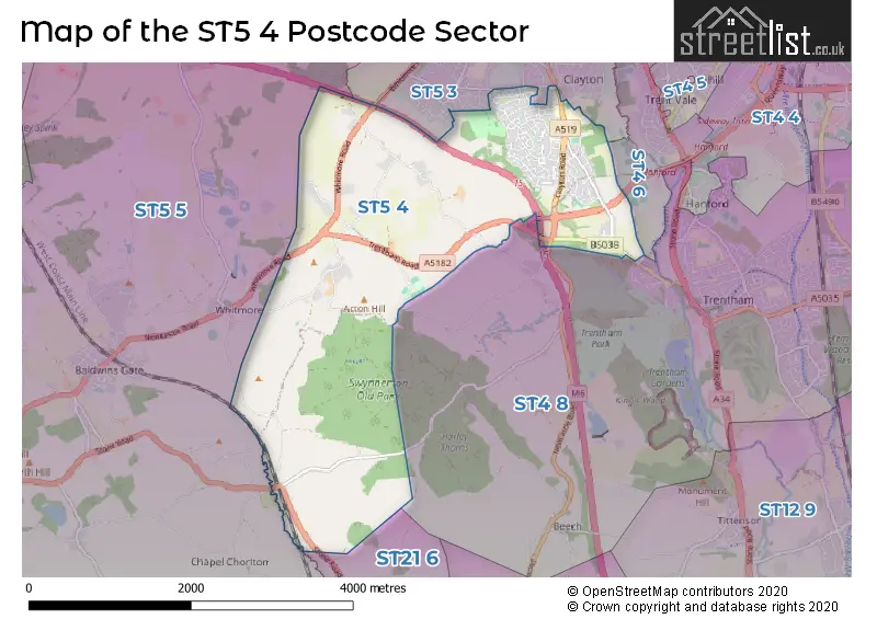 Map of the ST5 4 and surrounding postcode sector