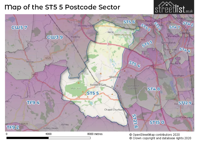 Map of the ST5 5 and surrounding postcode sector