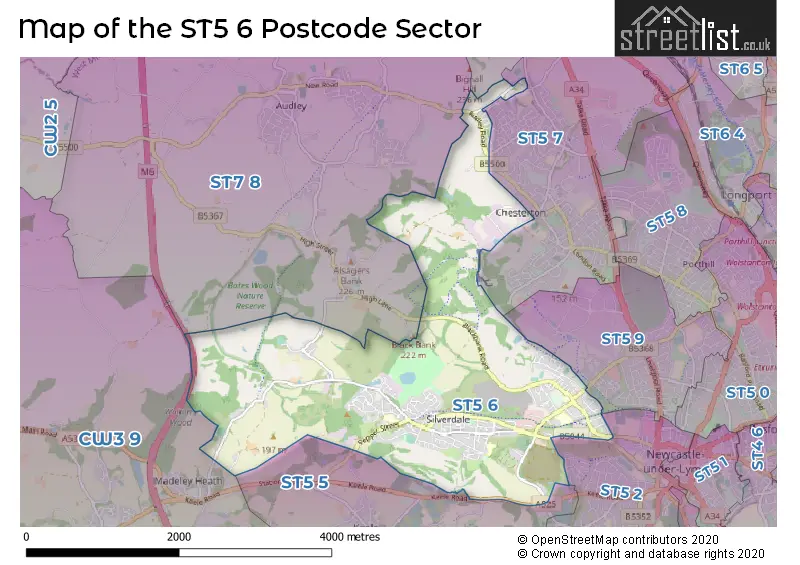 Map of the ST5 6 and surrounding postcode sector