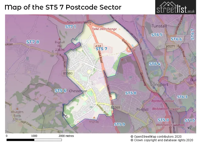 Map of the ST5 7 and surrounding postcode sector