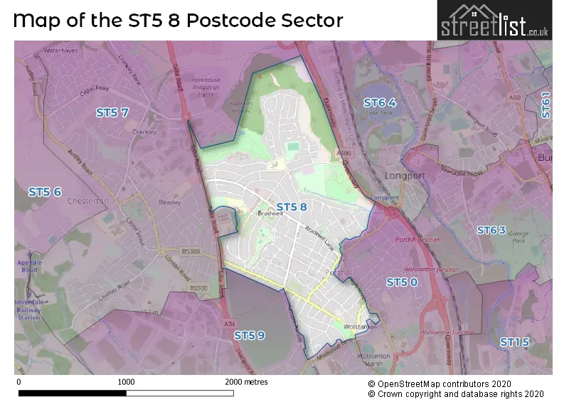 Map of the ST5 8 and surrounding postcode sector