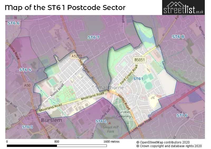 Map of the ST6 1 and surrounding postcode sector