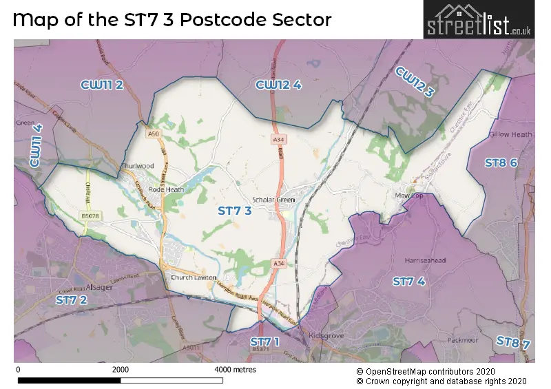 Map of the ST7 3 and surrounding postcode sector