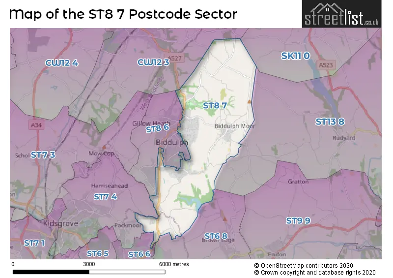 Map of the ST8 7 and surrounding postcode sector