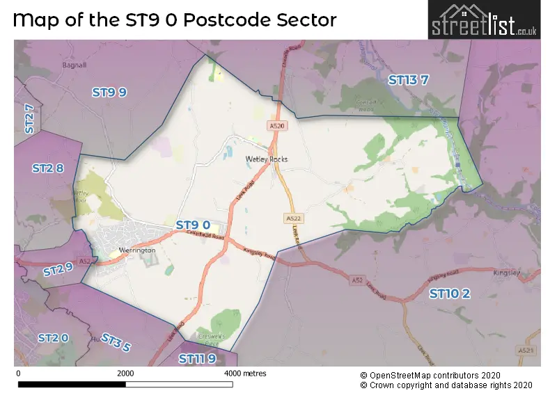 Map of the ST9 0 and surrounding postcode sector