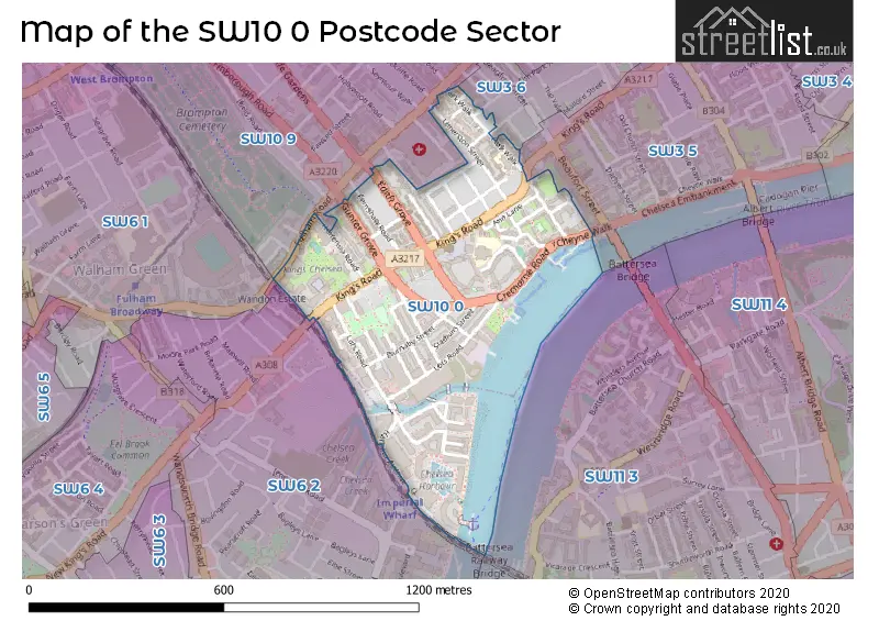 Map of the SW10 0 and surrounding postcode sector