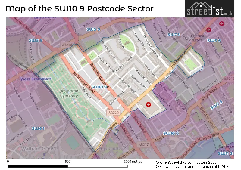 Map of the SW10 9 and surrounding postcode sector