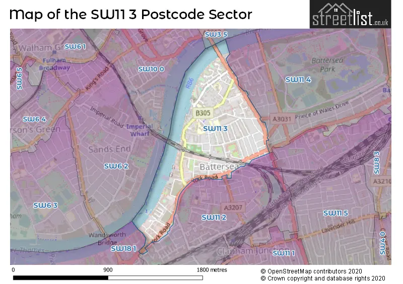 Map of the SW11 3 and surrounding postcode sector