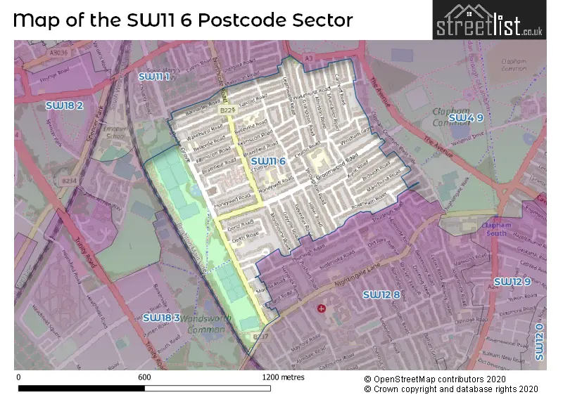 Map of the SW11 6 and surrounding postcode sector