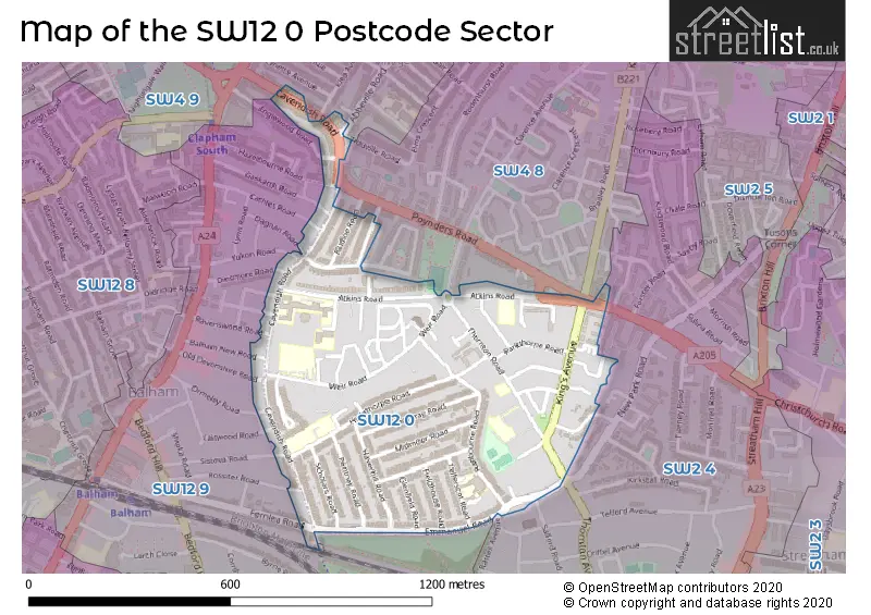 Map of the SW12 0 and surrounding postcode sector
