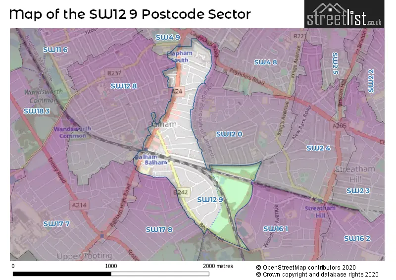 Map of the SW12 9 and surrounding postcode sector