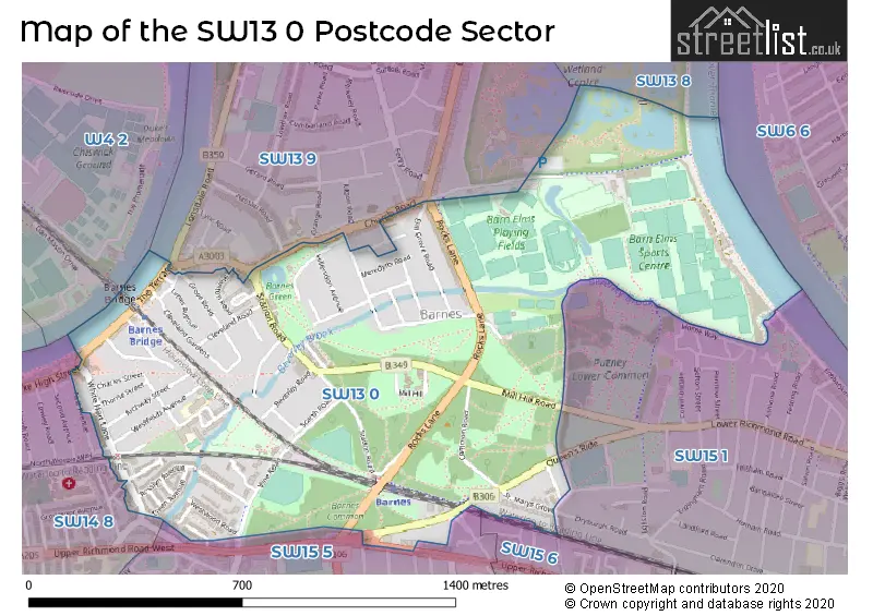 Map of the SW13 0 and surrounding postcode sector