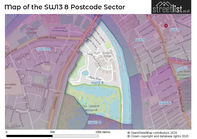 Map of the SW13 8 and surrounding postcode sector