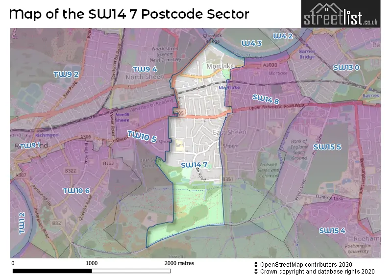 Map of the SW14 7 and surrounding postcode sector
