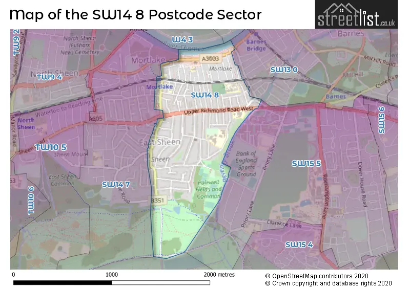 Map of the SW14 8 and surrounding postcode sector