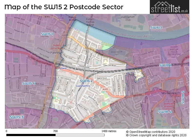 Map of the SW15 2 and surrounding postcode sector