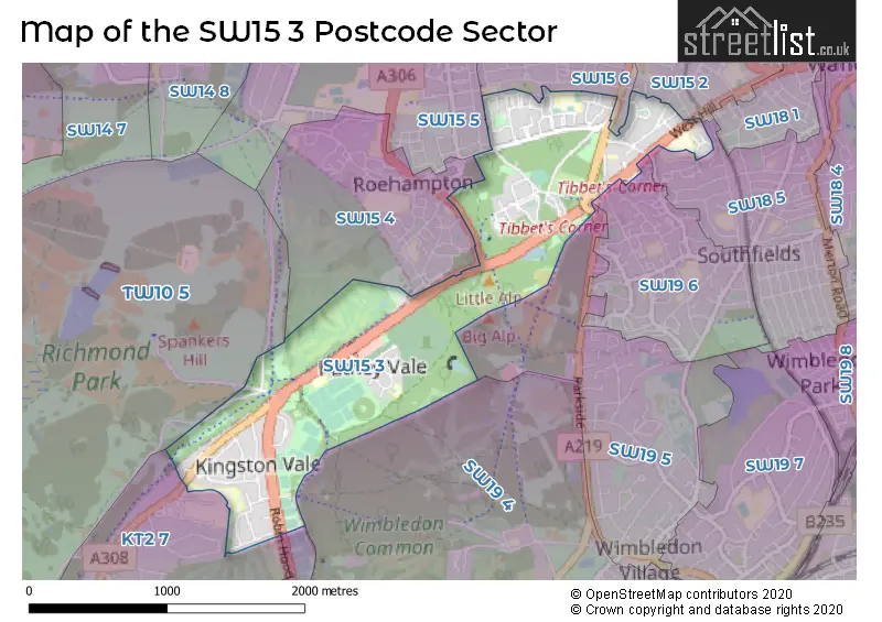 Map of the SW15 3 and surrounding postcode sector