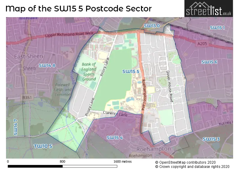 Map of the SW15 5 and surrounding postcode sector