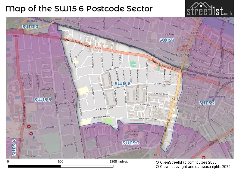 Map of the SW15 6 and surrounding postcode sector