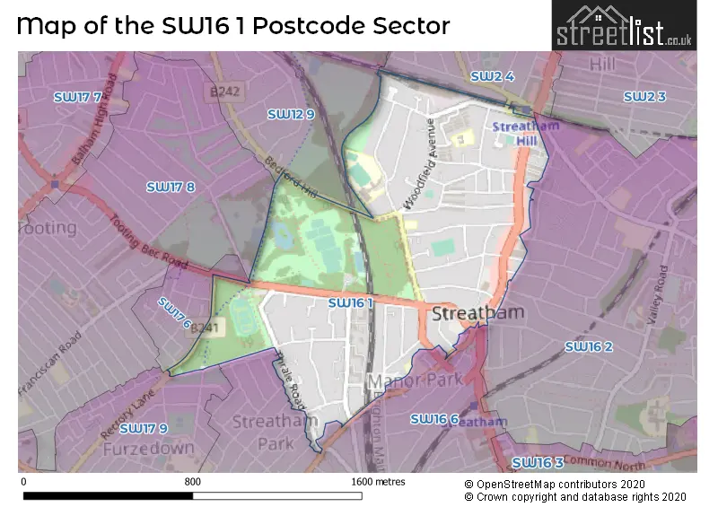 Map of the SW16 1 and surrounding postcode sector