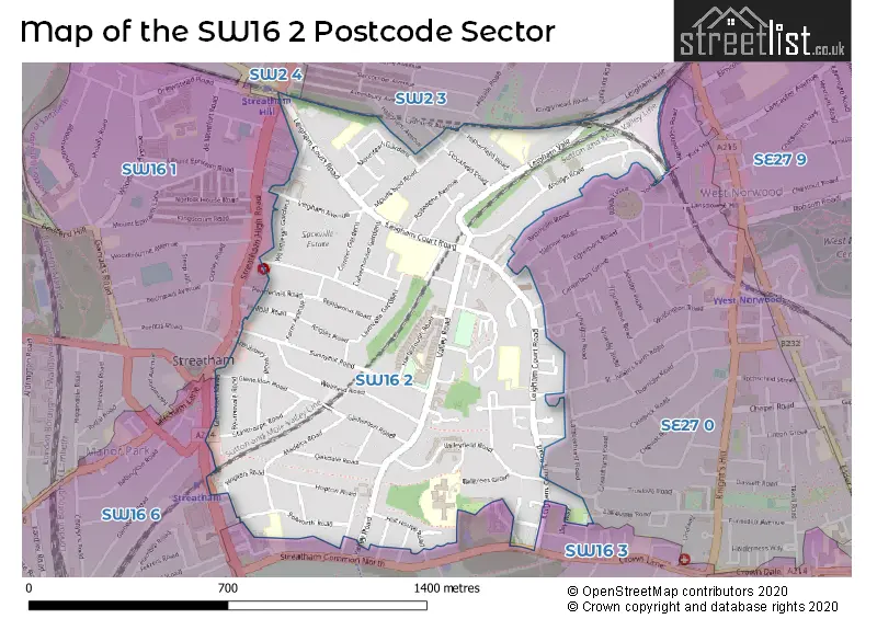 Map of the SW16 2 and surrounding postcode sector