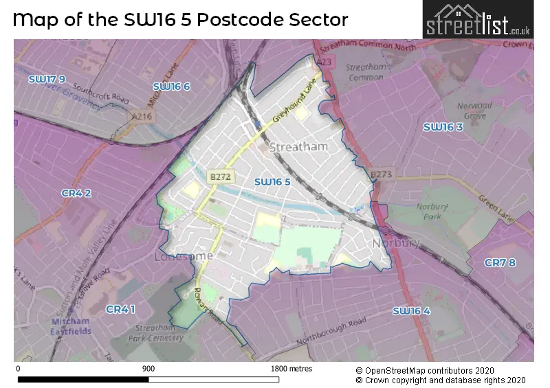 Map of the SW16 5 and surrounding postcode sector