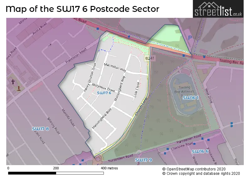 Map of the SW17 6 and surrounding postcode sector