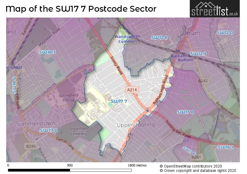 Map of the SW17 7 and surrounding postcode sector