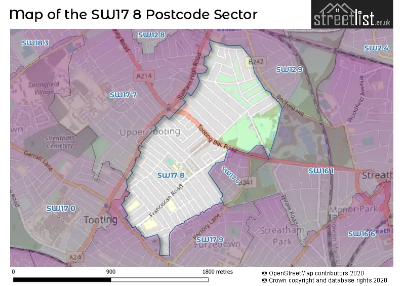 Map of the SW17 8 and surrounding postcode sector