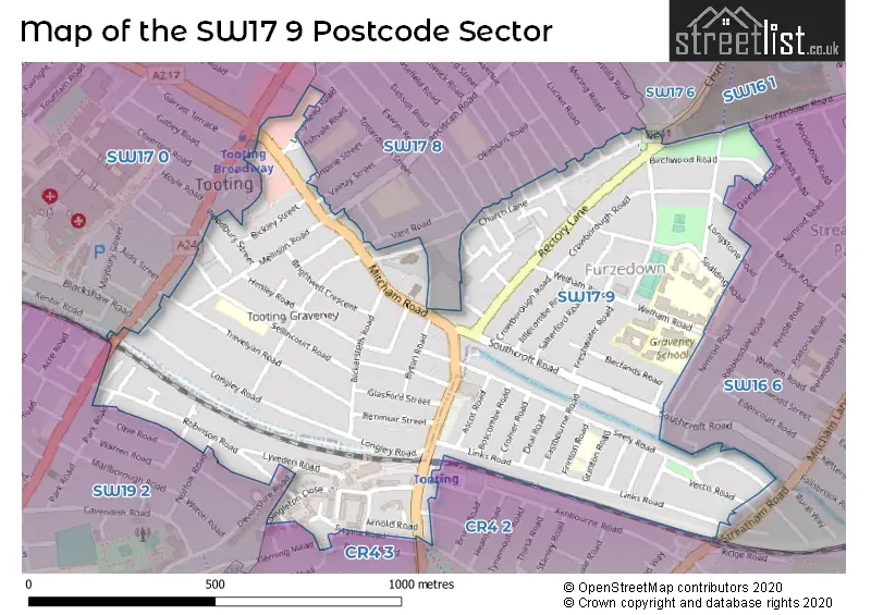 Map of the SW17 9 and surrounding postcode sector