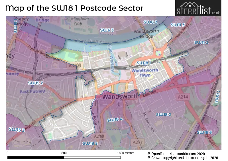 Map of the SW18 1 and surrounding postcode sector