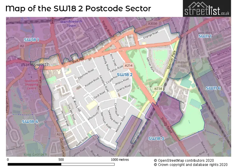 Map of the SW18 2 and surrounding postcode sector