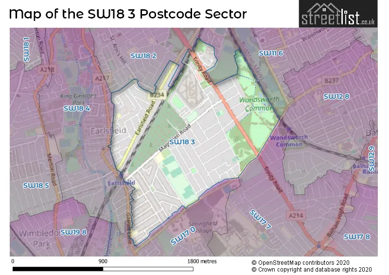 Map of the SW18 3 and surrounding postcode sector