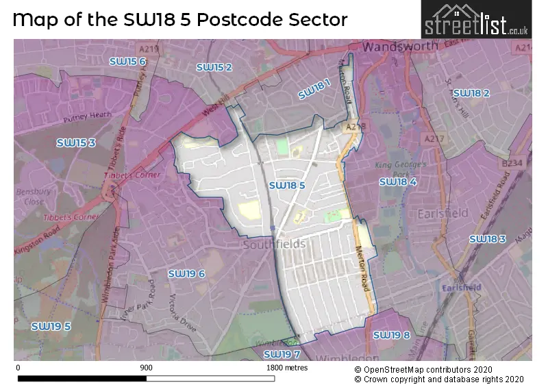 Map of the SW18 5 and surrounding postcode sector