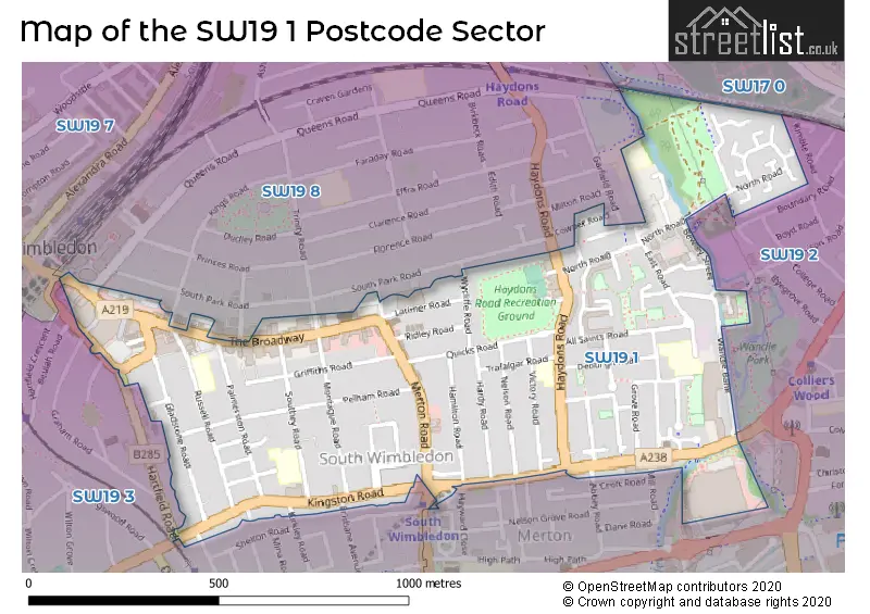 Map of the SW19 1 and surrounding postcode sector