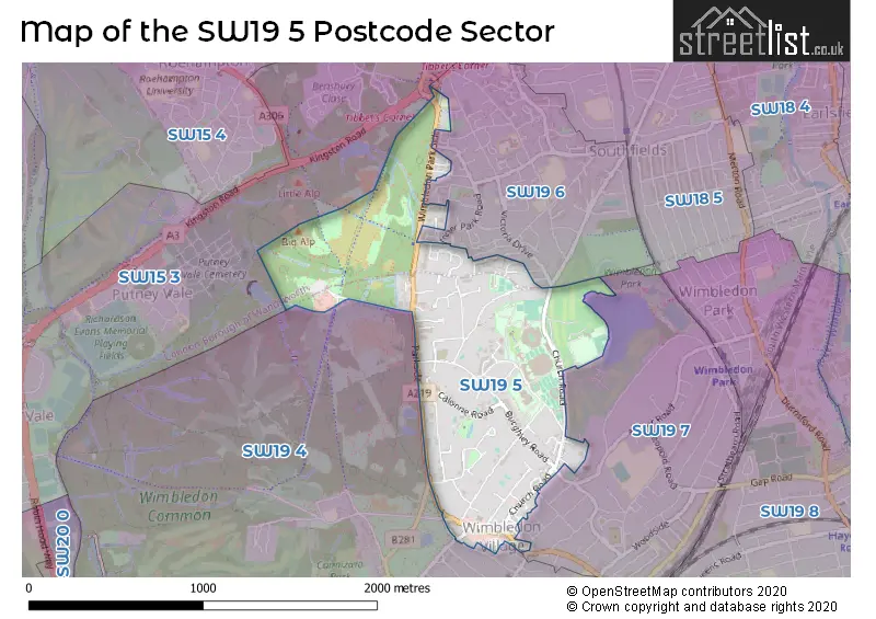 Map of the SW19 5 and surrounding postcode sector