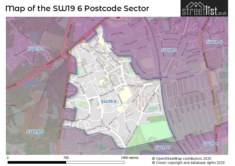 Map of the SW19 6 and surrounding postcode sector