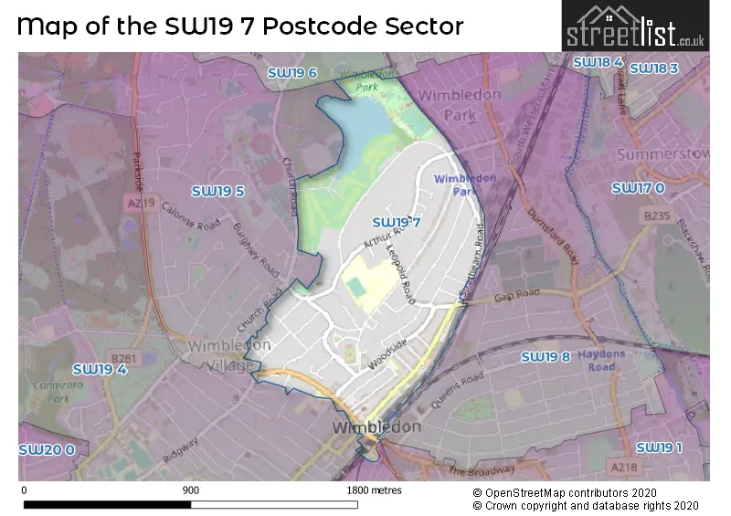 Map of the SW19 7 and surrounding postcode sector