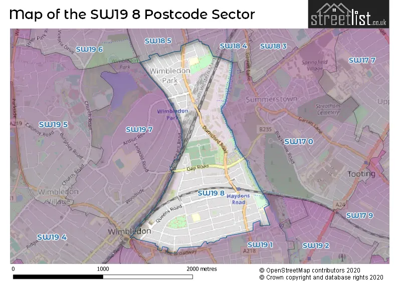 Map of the SW19 8 and surrounding postcode sector